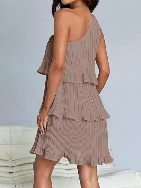 'Hesper' Layered Single Shoulder Mini Dress - Celes Fashion